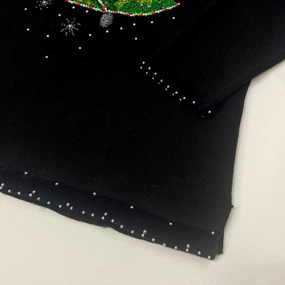 Quacker Factory Womens Beaded Sequin Christmas Tree V Neck Black Sweater Medium - Picture 5 of 11